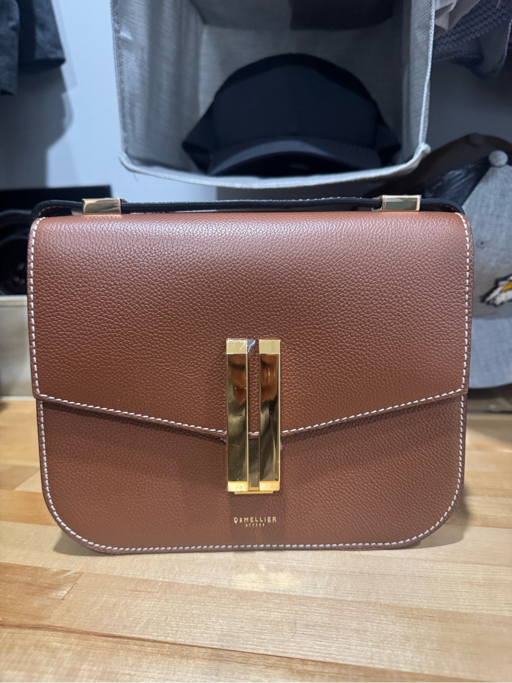Demellier Vancouver Leather Crossbody Bag in Brown with Gold Hardware